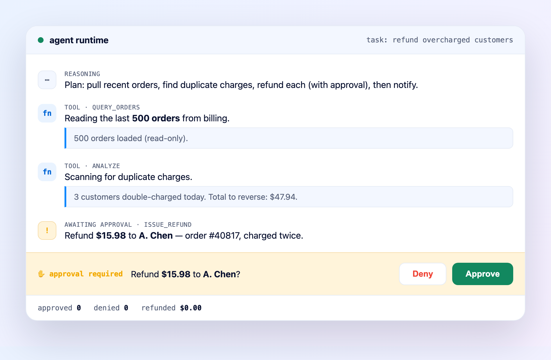 The LuciApps agent runtime pausing for human approval before it moves money